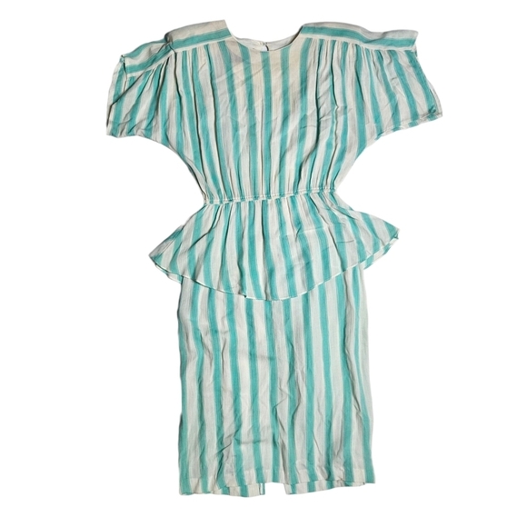 Vintage Dresses & Skirts - Vintage 80s Phoebe Peplum Midi Dress Aqua Green Ivory Stripe Rayon sz 5-6